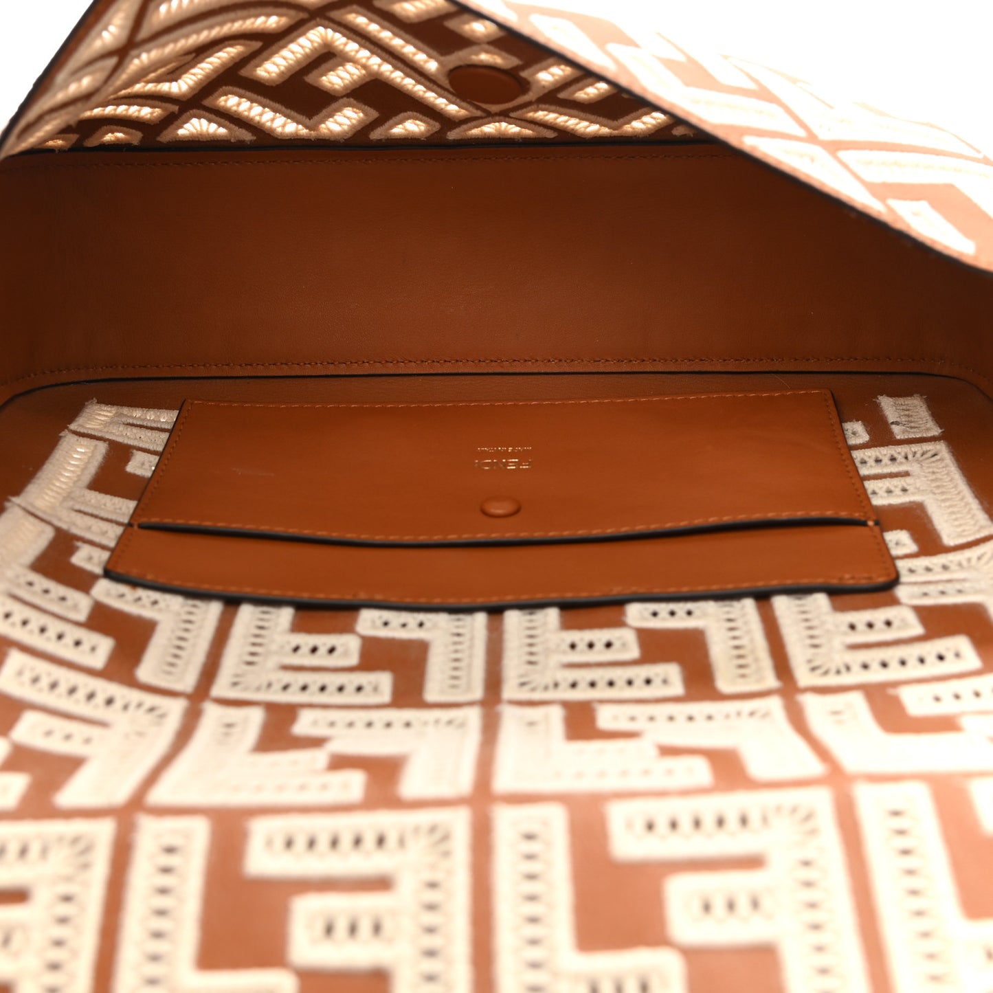 Vitello Seta FF Ajour Embroidered Baguette Brandy