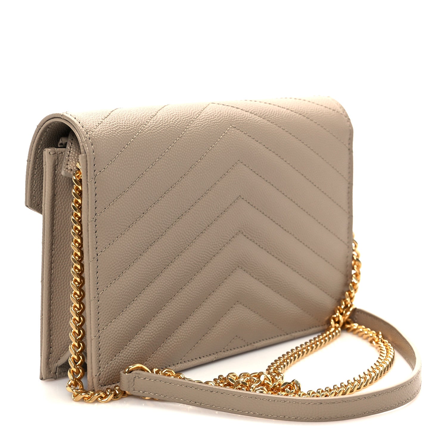 Saint Laurent Grain De Poudre Matelasse Chevron Monogram Envelope Chain Wallet Dark Beige 4 of 19