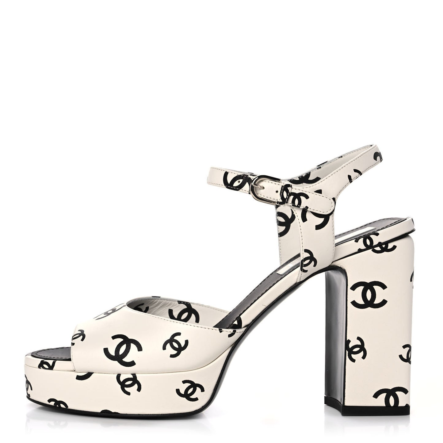 Printed Lambskin CC Platform Sandals 41 White Black