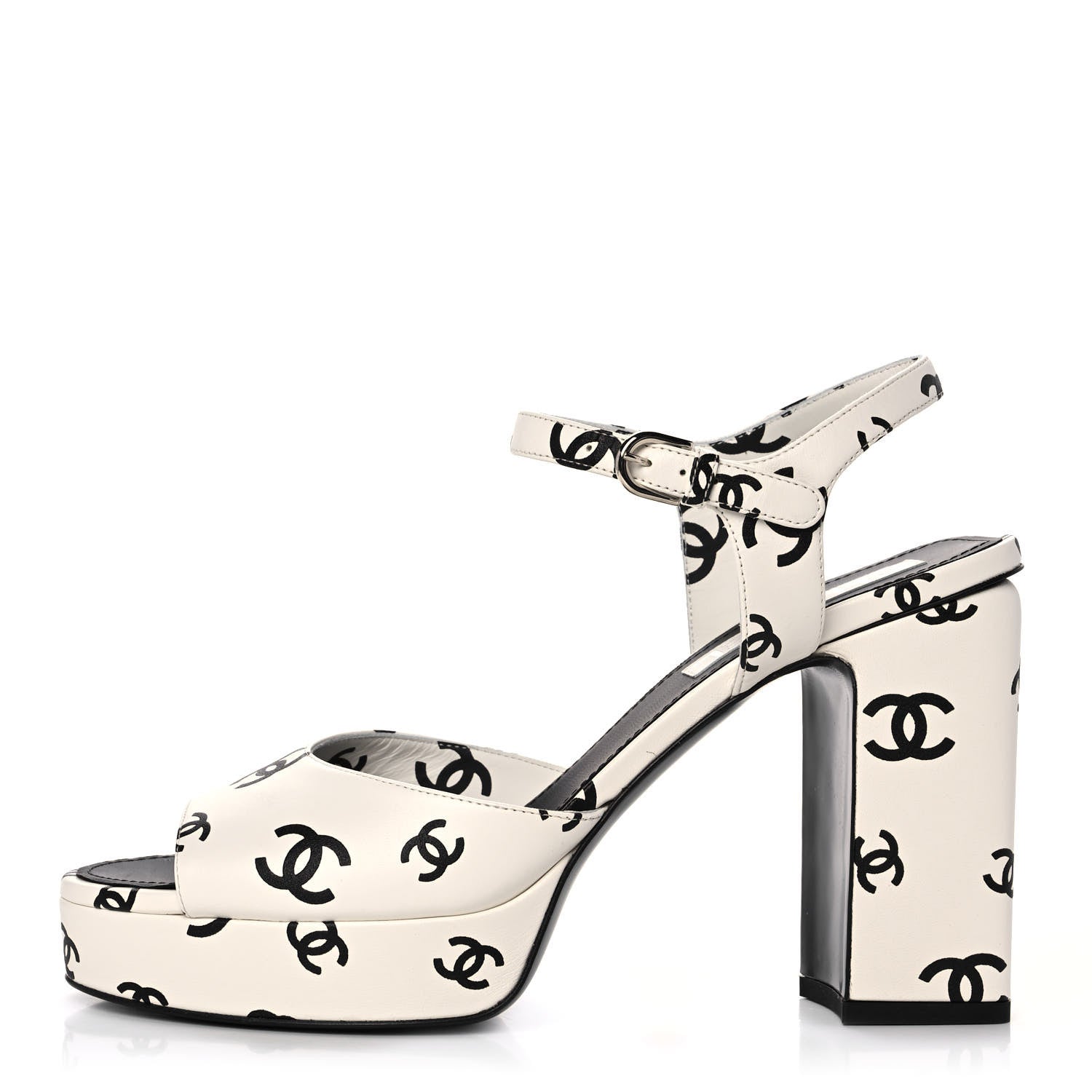 Chanel Printed Lambskin CC Platform Sandals 41 White Black 1 of 9