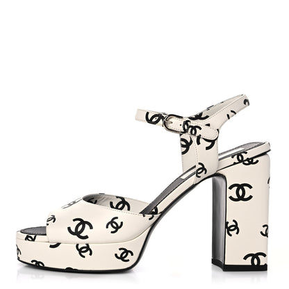 Chanel Printed Lambskin CC Platform Sandals 41 White Black 1 of 9