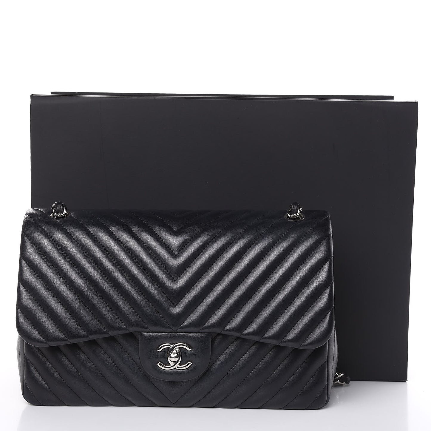 Lambskin Chevron Quilted Jumbo Double Flap Black