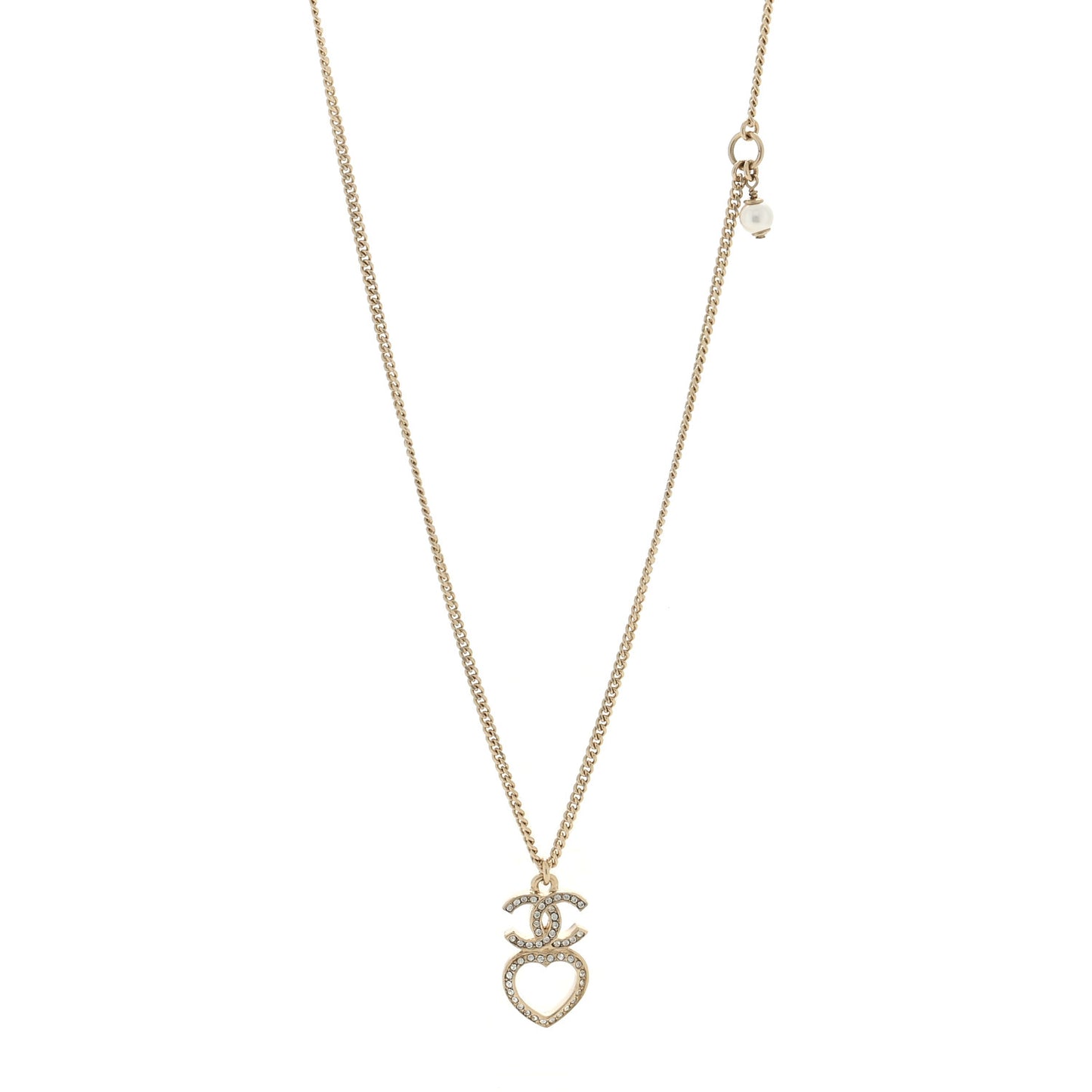 Crystal Pearl CC Heart Necklace Gold