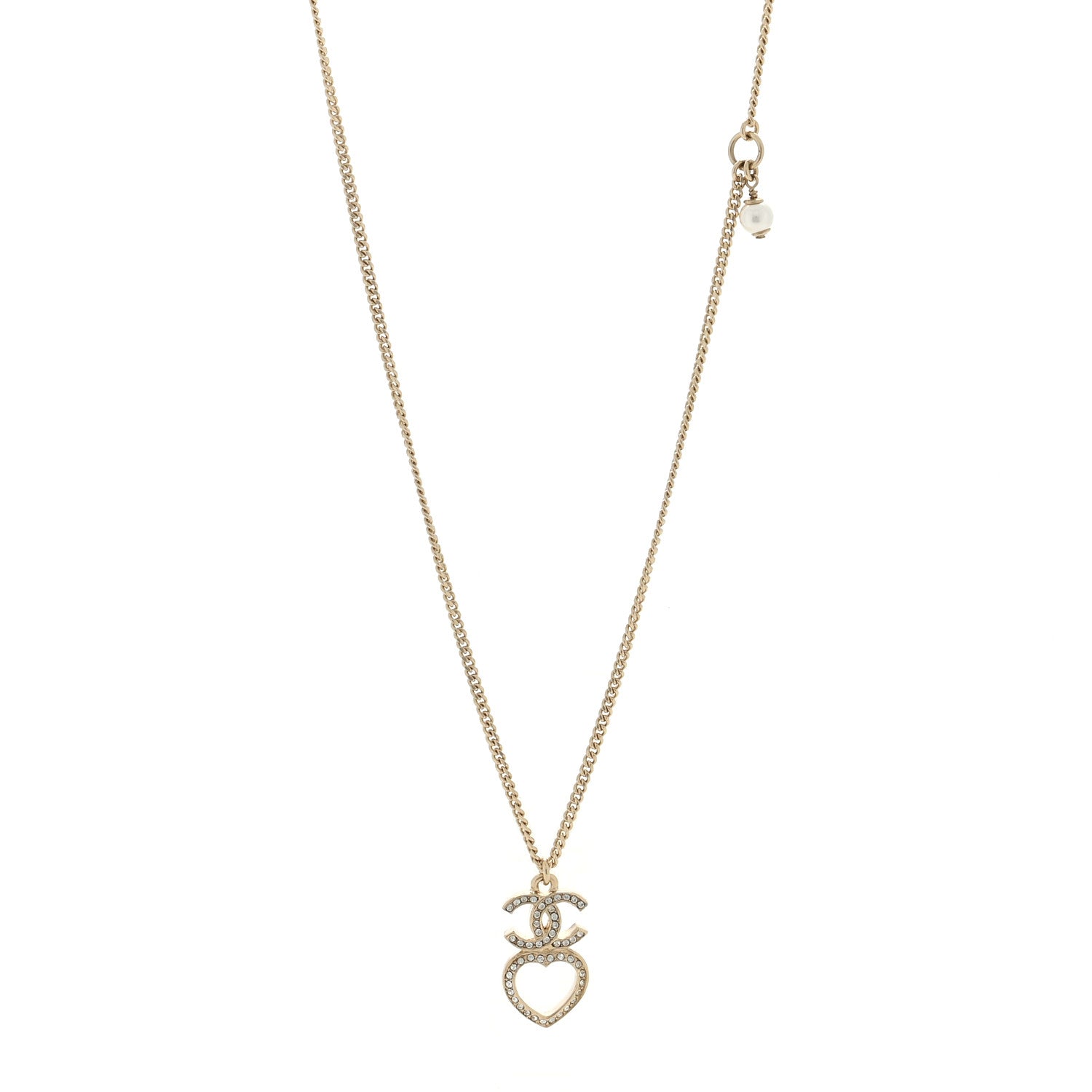Chanel Crystal Pearl CC Heart Necklace Gold 1 of 5