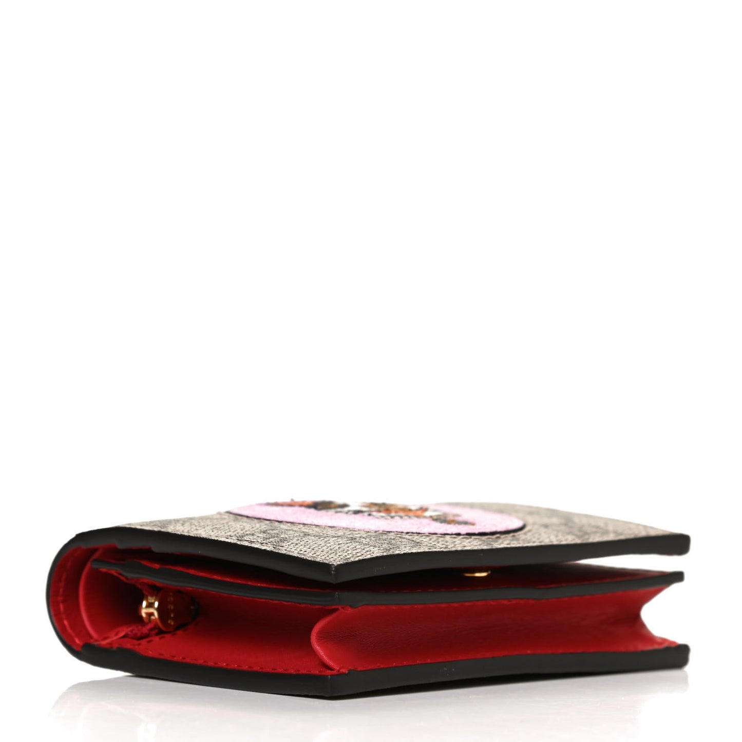 GG Supreme Monogram Bosco Patch Card Case Wallet Beige Malva Hibiscus Red