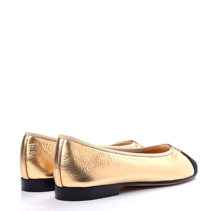 Chanel Metallic Calfskin Grosgrain Cap Toe CC Ballerina Flats 37.5 Gold 4 of 11