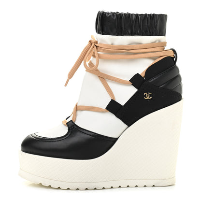 Chanel Patent Calfskin Runway Wedge Short Platform Boots 37 Black White Beige 1 of 7