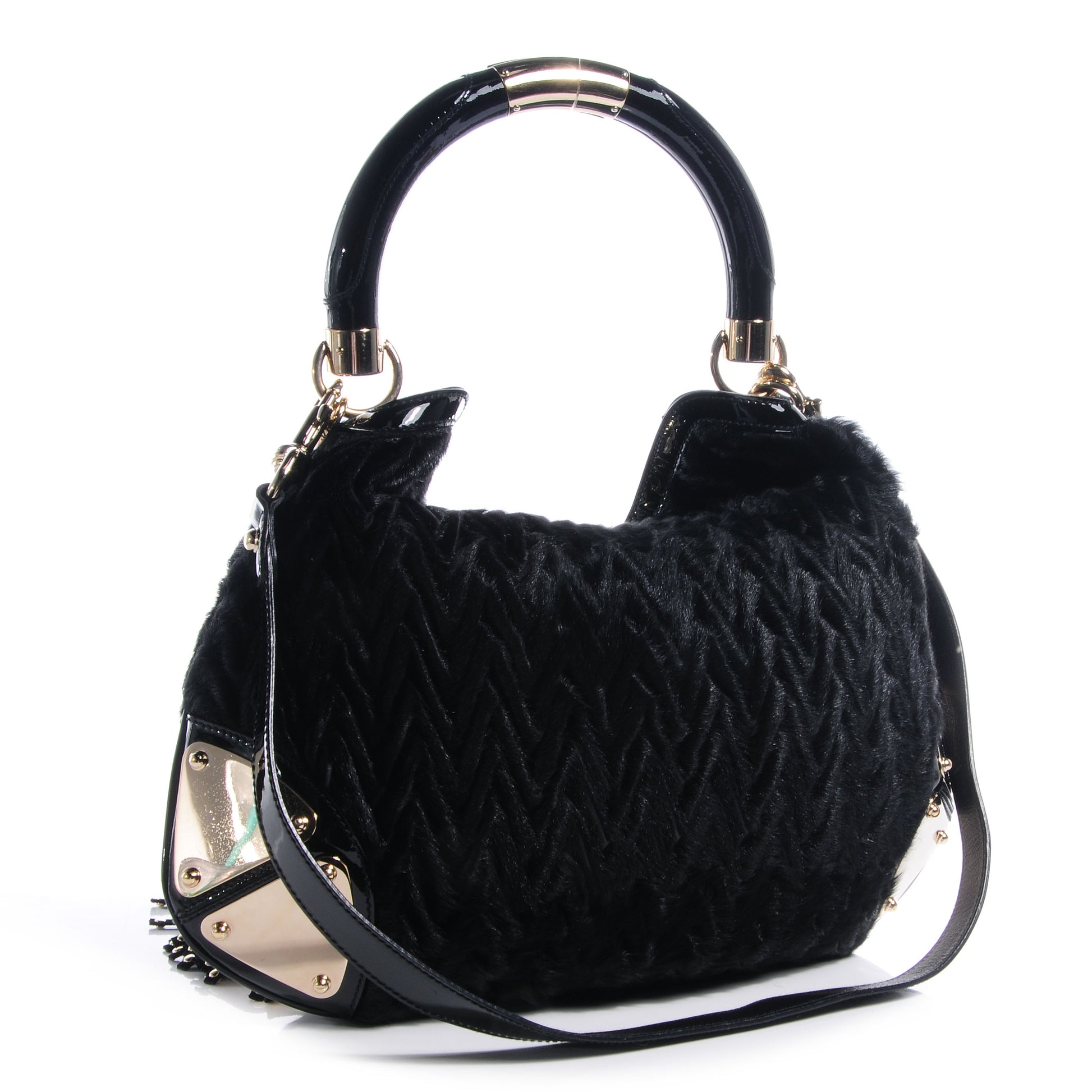 Gucci Patent Chevron Fur Medium Indy Hobo Black 3 of 7