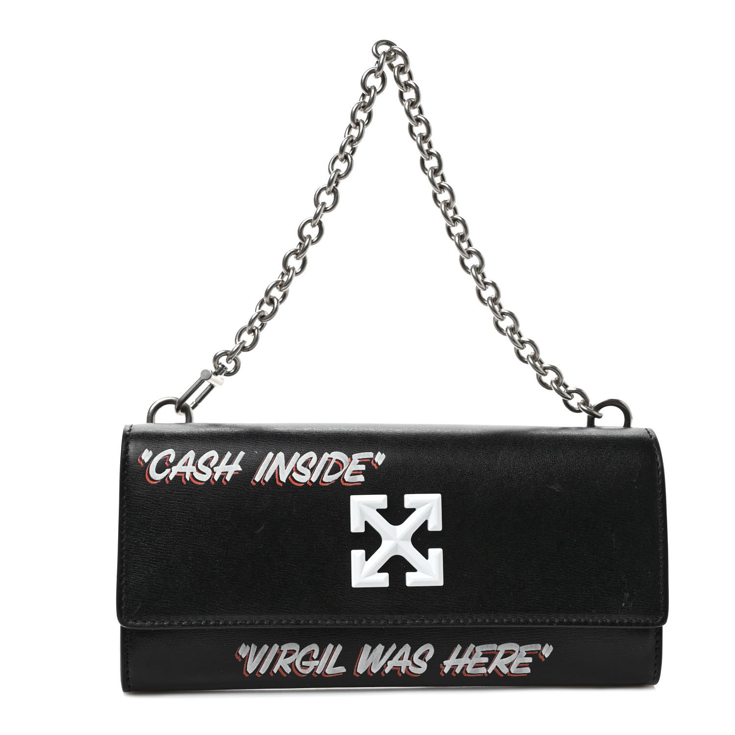 Off-White Calfskin Jitney Logo Flap Wallet On Chain Black 1 of 6