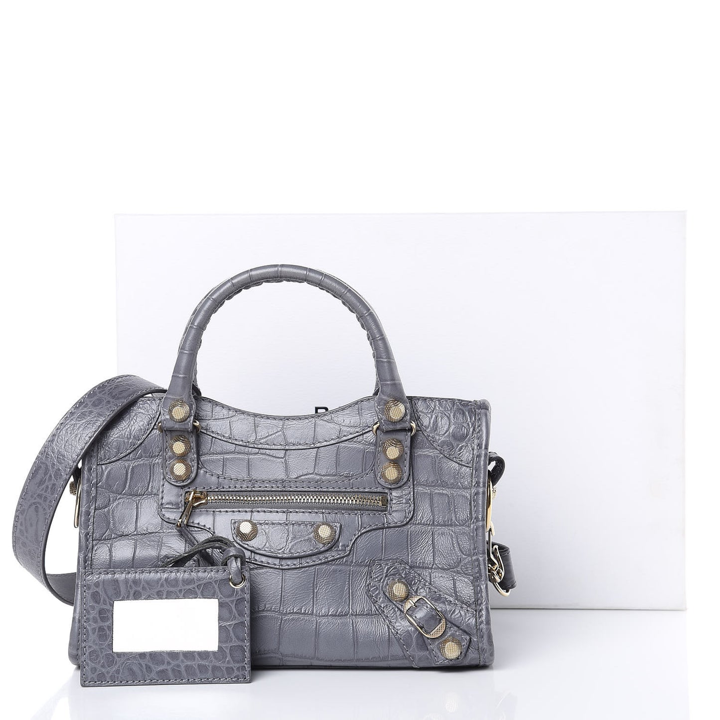 Calfskin Crocodile Embossed Giant 12 Gold Hardware Mini City Gris Beton