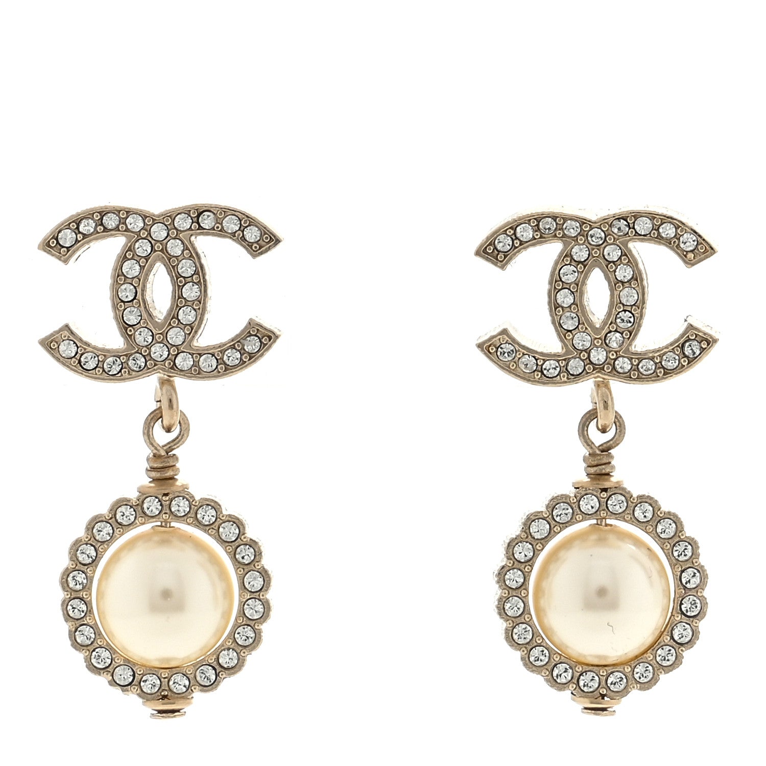 Chanel Crystal Pearl CC Lace Camellia Earrings Gold 1 of 4