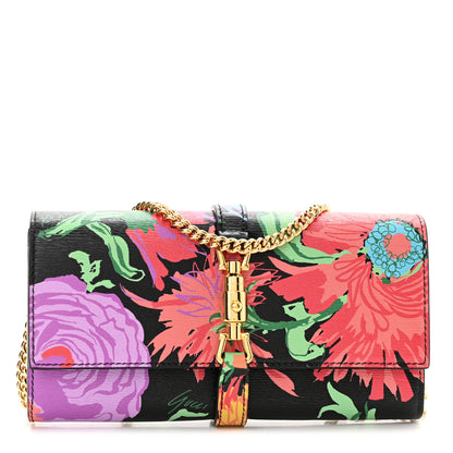 Gucci X KEN SCOTT New Shangai Calfskin Jenny Floral Print Jackie 1961 Chain Wallet Black Pink 1 of 10