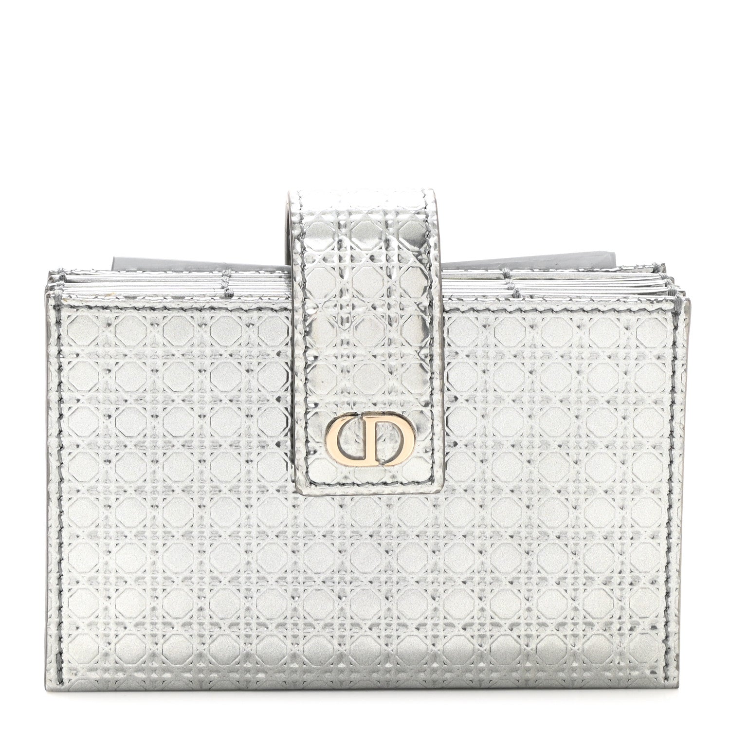 Christian Dior Metallic Patent Micro-Cannage Montaigne Gusseted Card Holder Silver 1 of 8