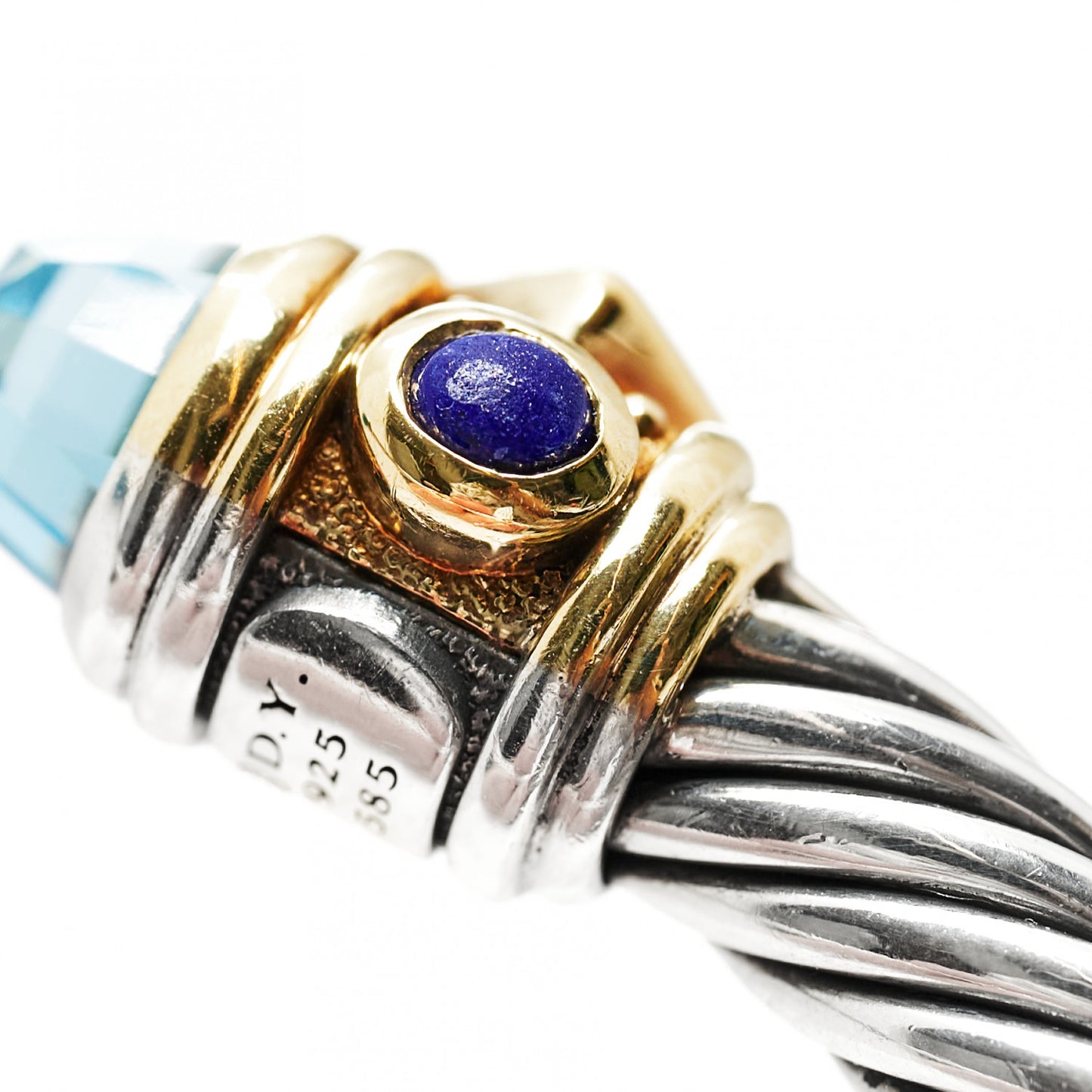 Sterling Silver 14K Yellow Gold Blue Topaz Lapis Lazuli 5mm Cable Renaissance Bracelet