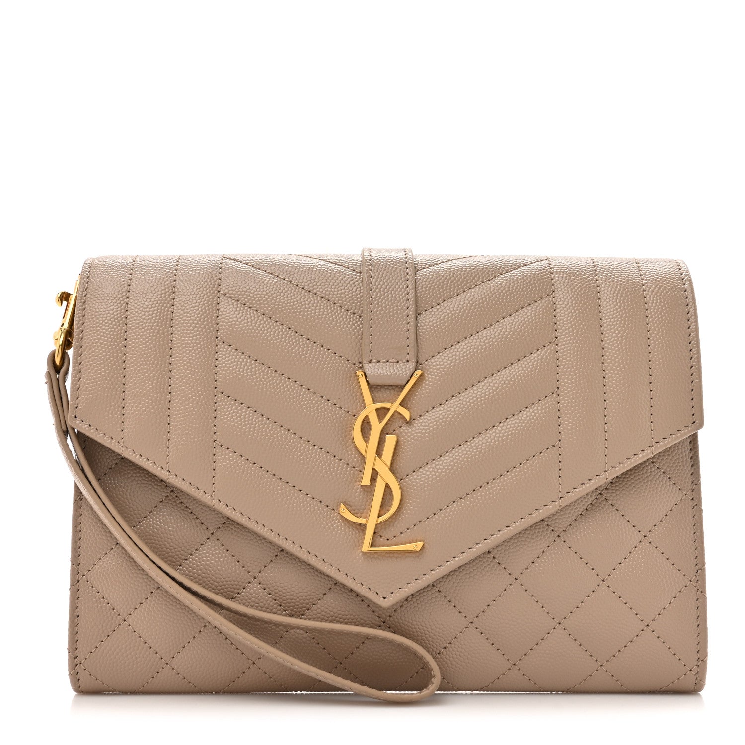 Saint Laurent Grain De Poudre Textured Mixed Matelasse Triquilt Monogram Clutch Dark Beige 1 of 7