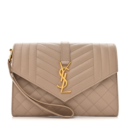 Saint Laurent Grain De Poudre Textured Mixed Matelasse Triquilt Monogram Clutch Dark Beige 1 of 7