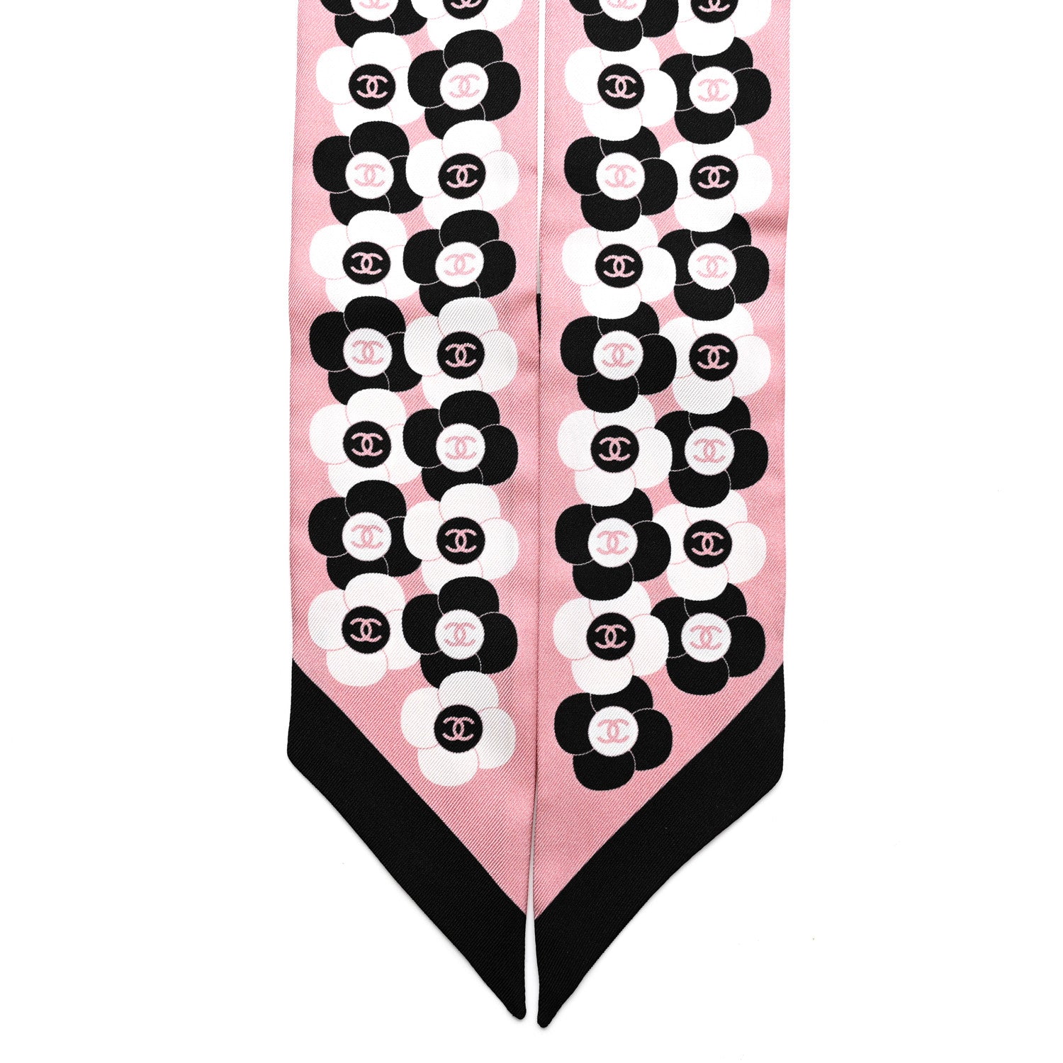 Chanel Silk Slim Reversible Camellia CC Bandeau Scarf Black White Pink 2 of 4