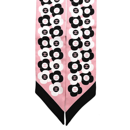 Chanel Silk Slim Reversible Camellia CC Bandeau Scarf Black White Pink 2 of 4