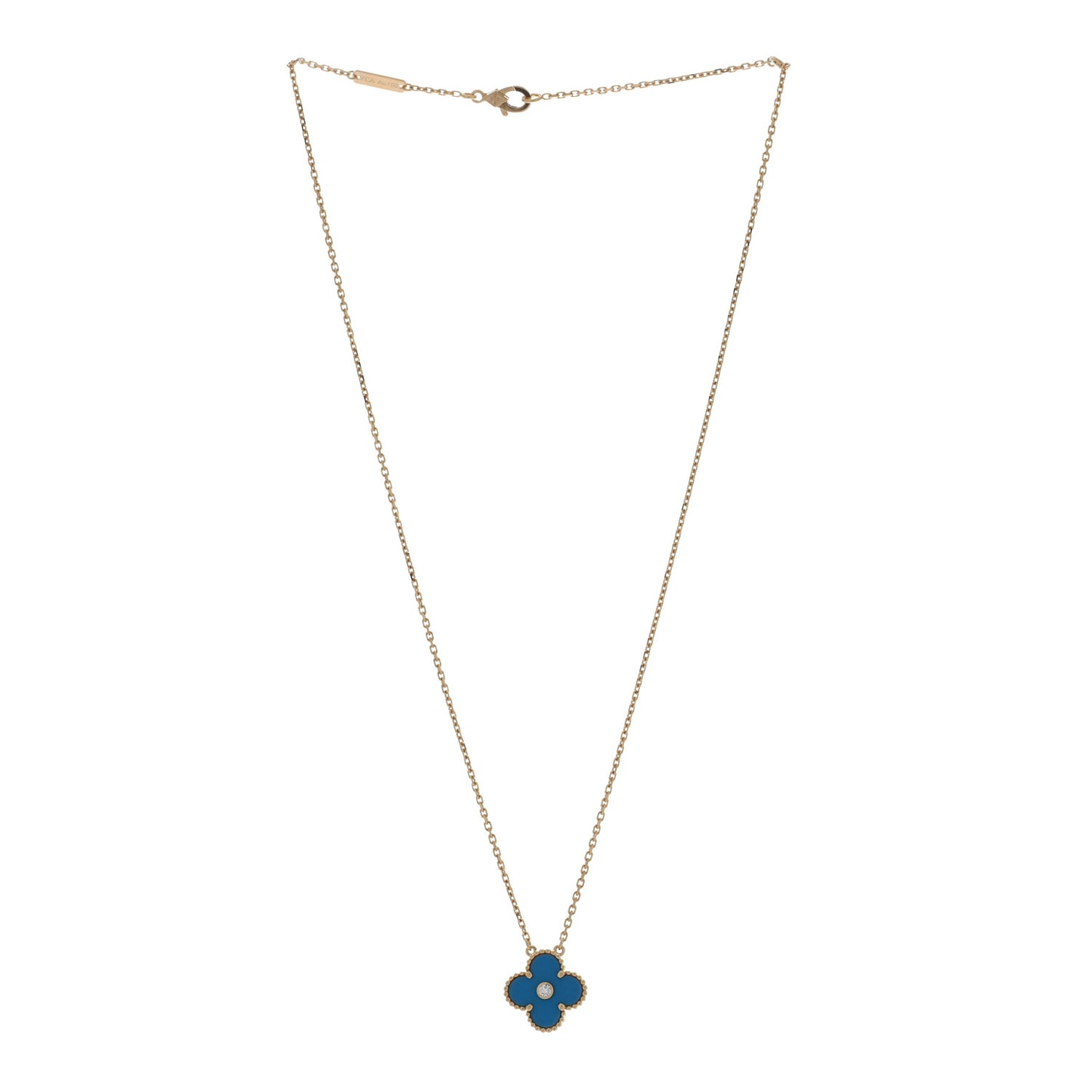 18K Yellow Gold Diamond Celestial Blue Sevres Porcelain Vintage Alhambra Pendant Necklace