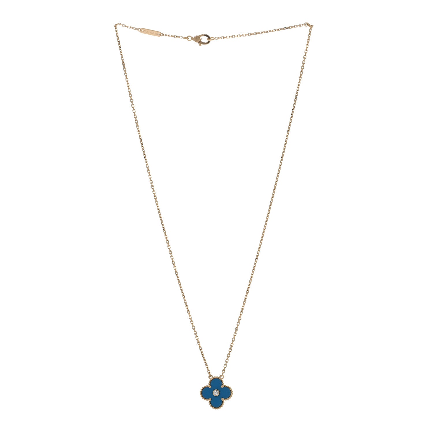 Van Cleef & Arpels 18K Yellow Gold Diamond Celestial Blue Sevres Porcelain Vintage Alhambra Pendant Necklace 3 of 4