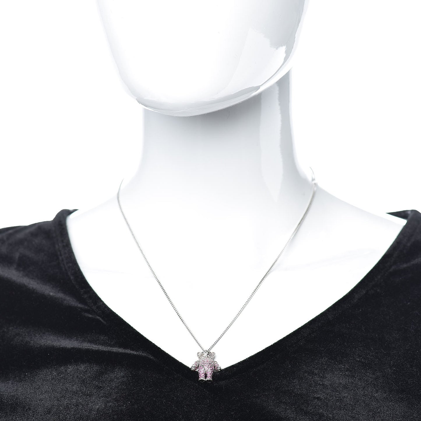 Crystal Teddy Bear Heart Necklace Pink Silver