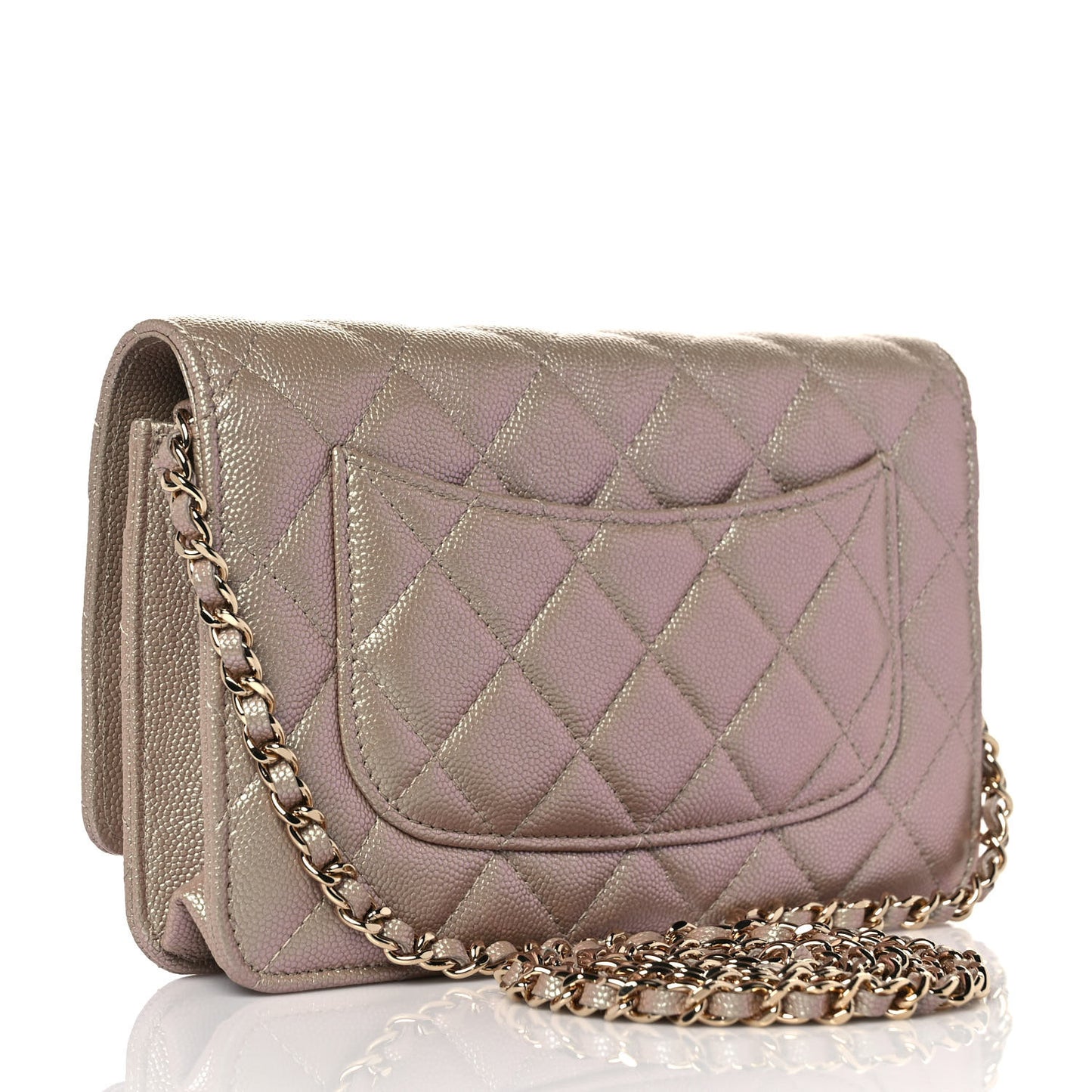 Iridescent Caviar Quilted Wallet On Chain WOC Beige