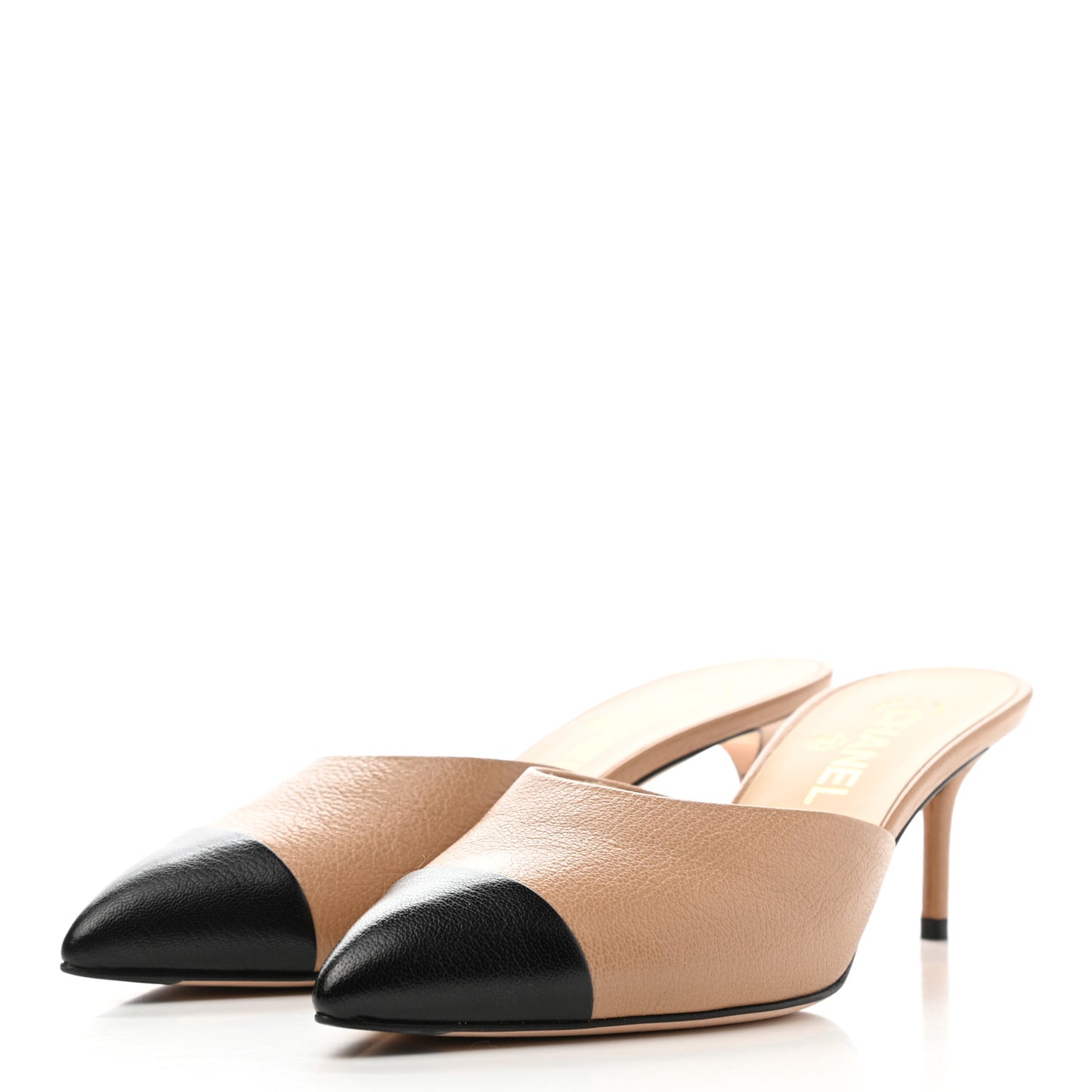 Lambskin Grosgrain Cap Toe CC Mules 39 Beige Black