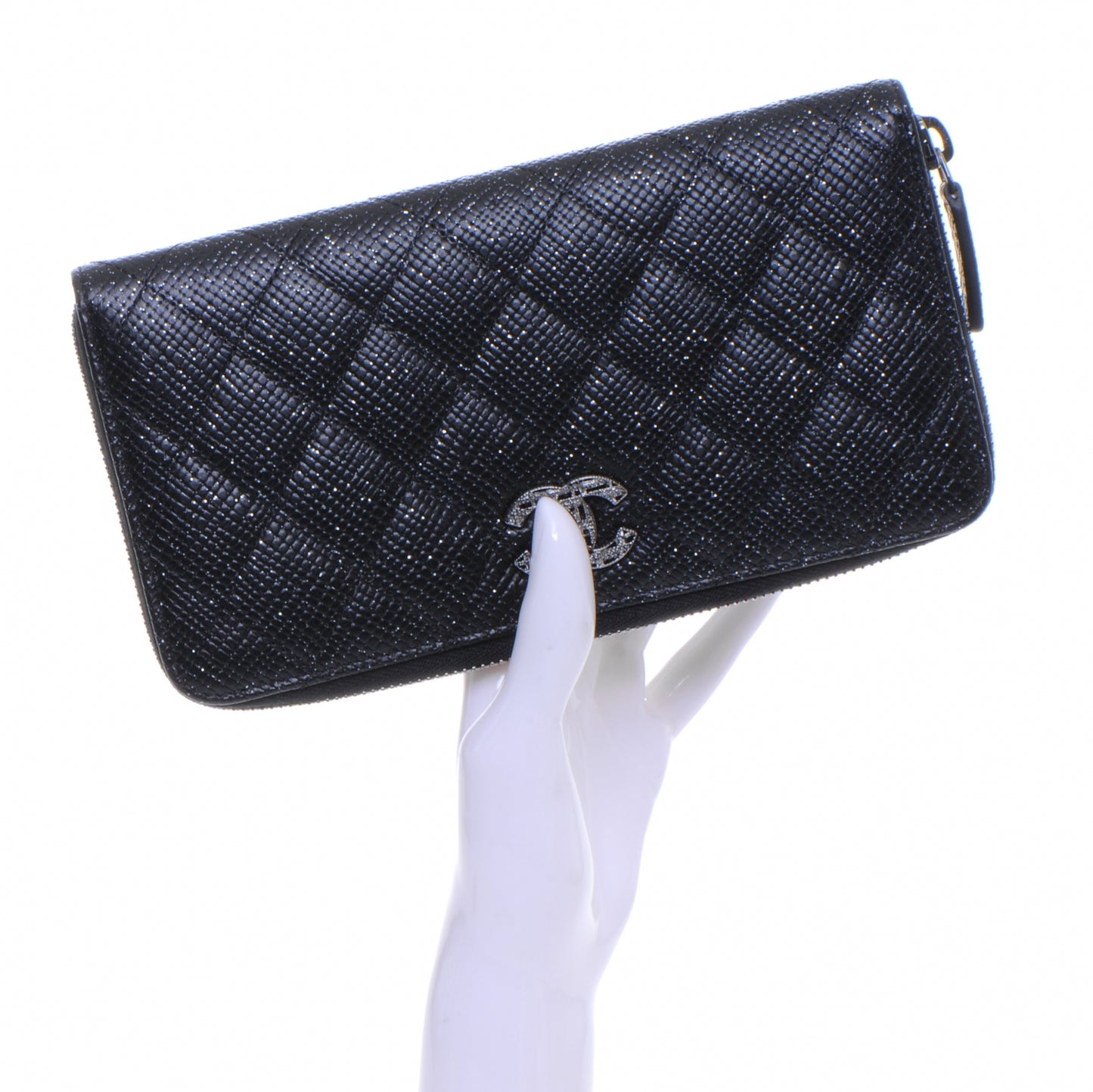 Glittered Calfskin Quilted Large Gusset Zip Wallet Black