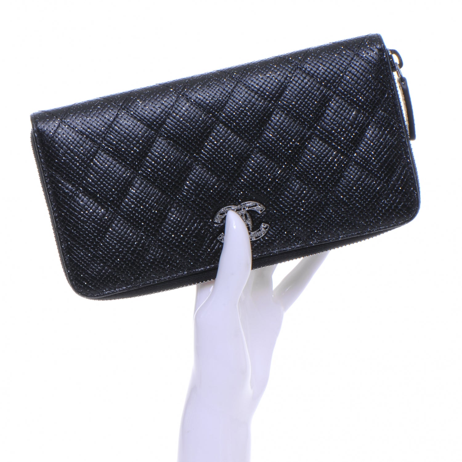 Chanel Glittered Calfskin Quilted Large Gusset Zip Wallet Black 2 of 8