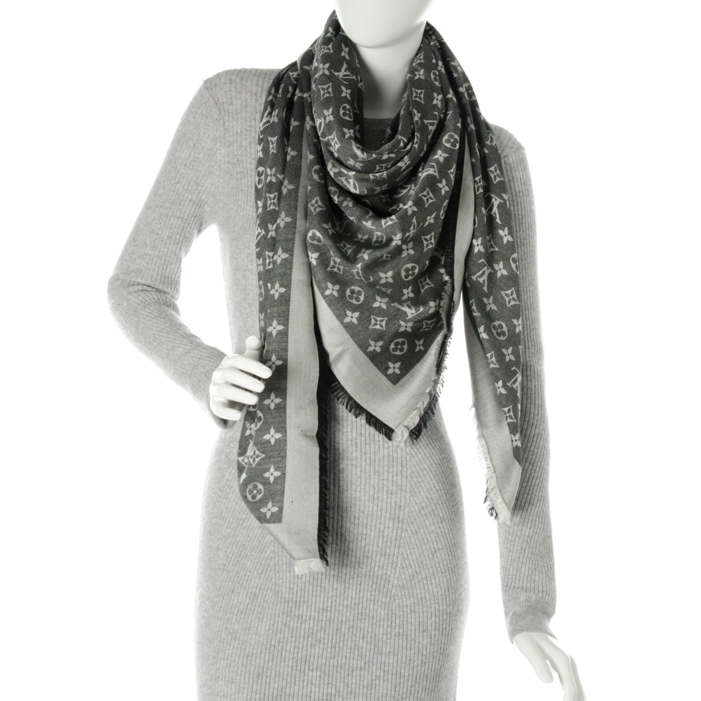 Wool Silk Monogram Denim Shawl Black