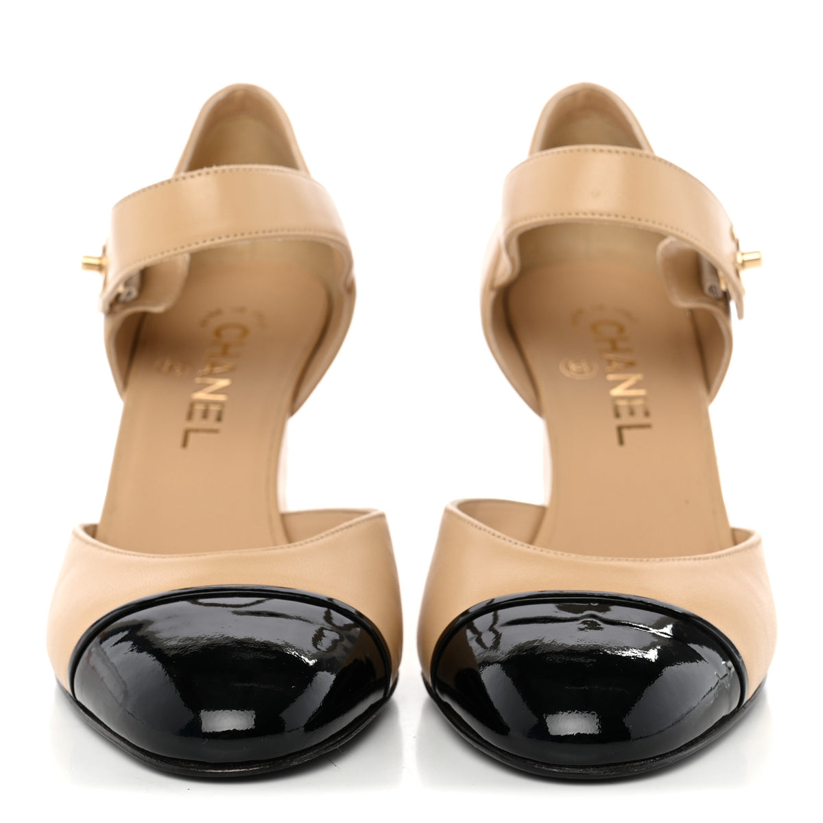 Chanel Lambskin Patent Cap Toe Mary Jane Wedge Pumps 37.5 Beige Black 3 of 10