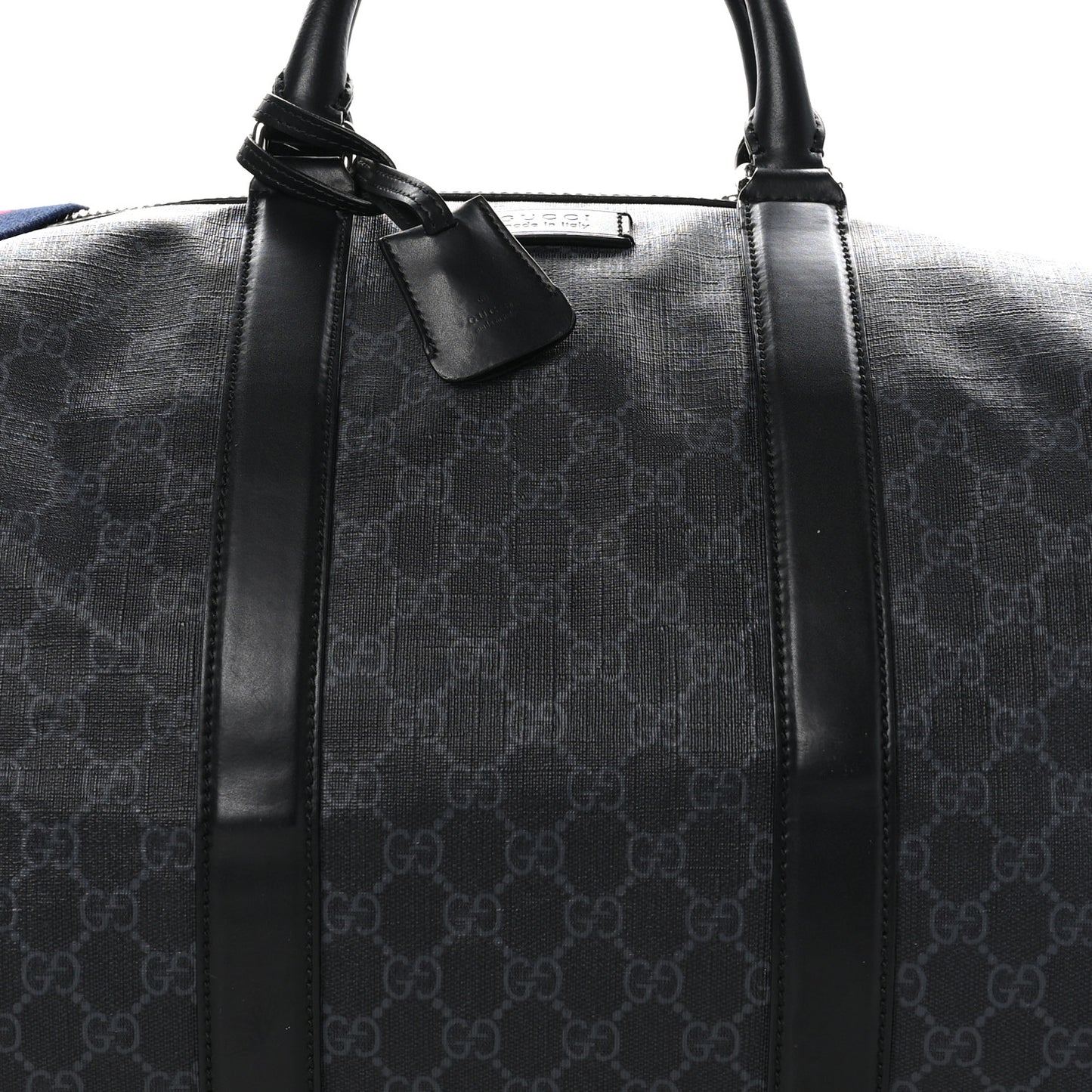 Soft GG Supreme Monogram Appia Calfskin Web Large Carry On Duffle Bag Black Grey