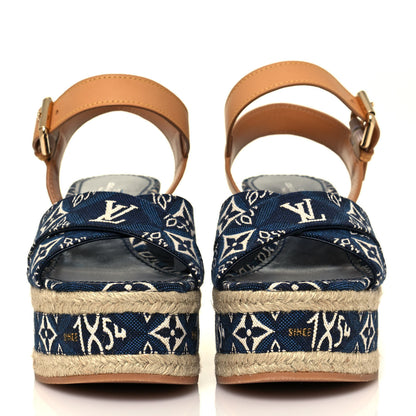 Louis Vuitton Jacquard Calfskin Since 1854 Boundary Wedge Sandals 35.5 Blue 2 of 8