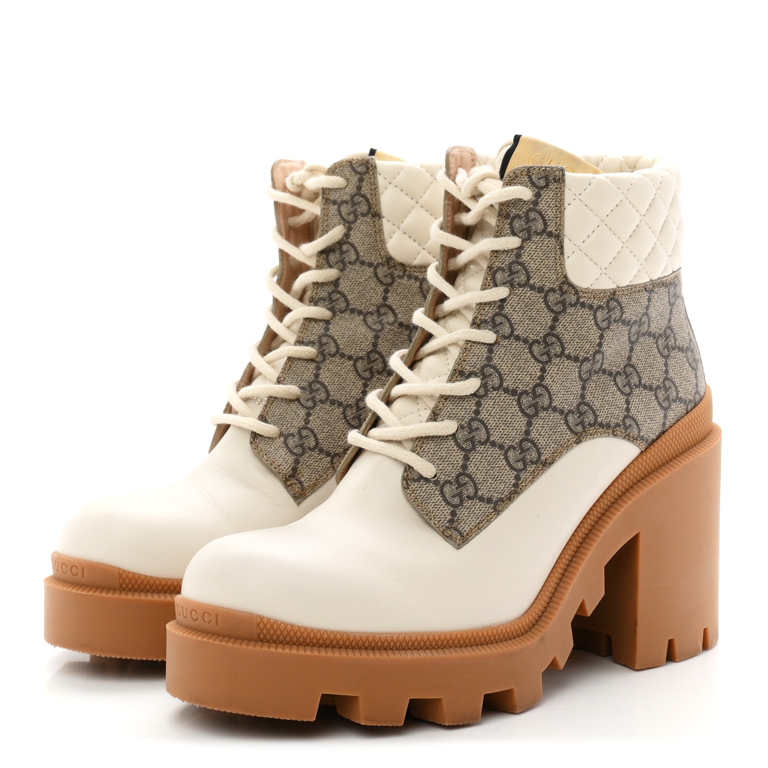 Gucci Calfskin GG Supreme Monogram Nappa Quilted Lace Up Ankle Boots  39.5 Mystic White Beige 4 of 9