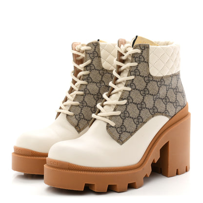 Gucci Calfskin GG Supreme Monogram Nappa Quilted Lace Up Ankle Boots  39.5 Mystic White Beige 4 of 9