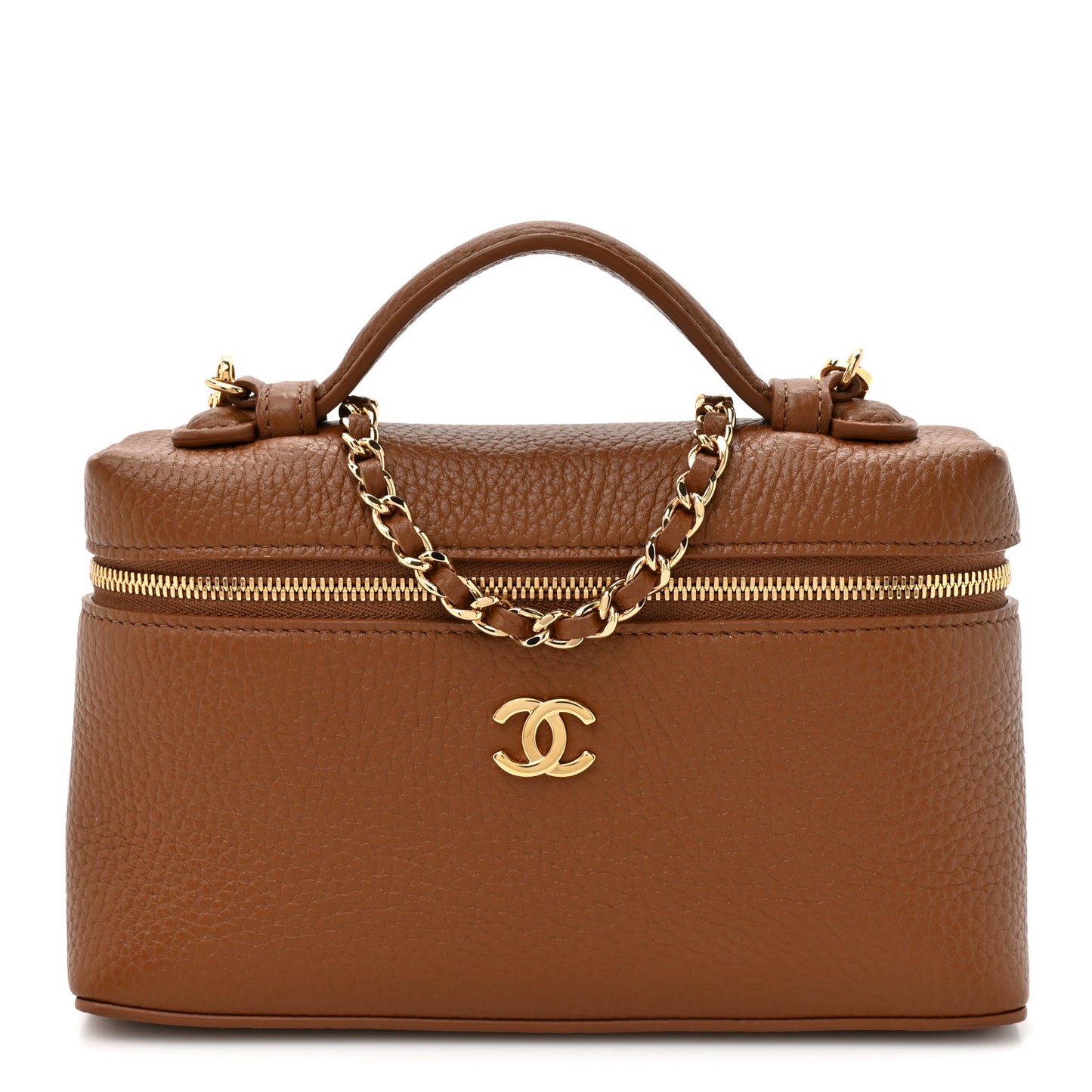 Grained Calfskin Top Handle Slim Vanity Case With Chain Camel