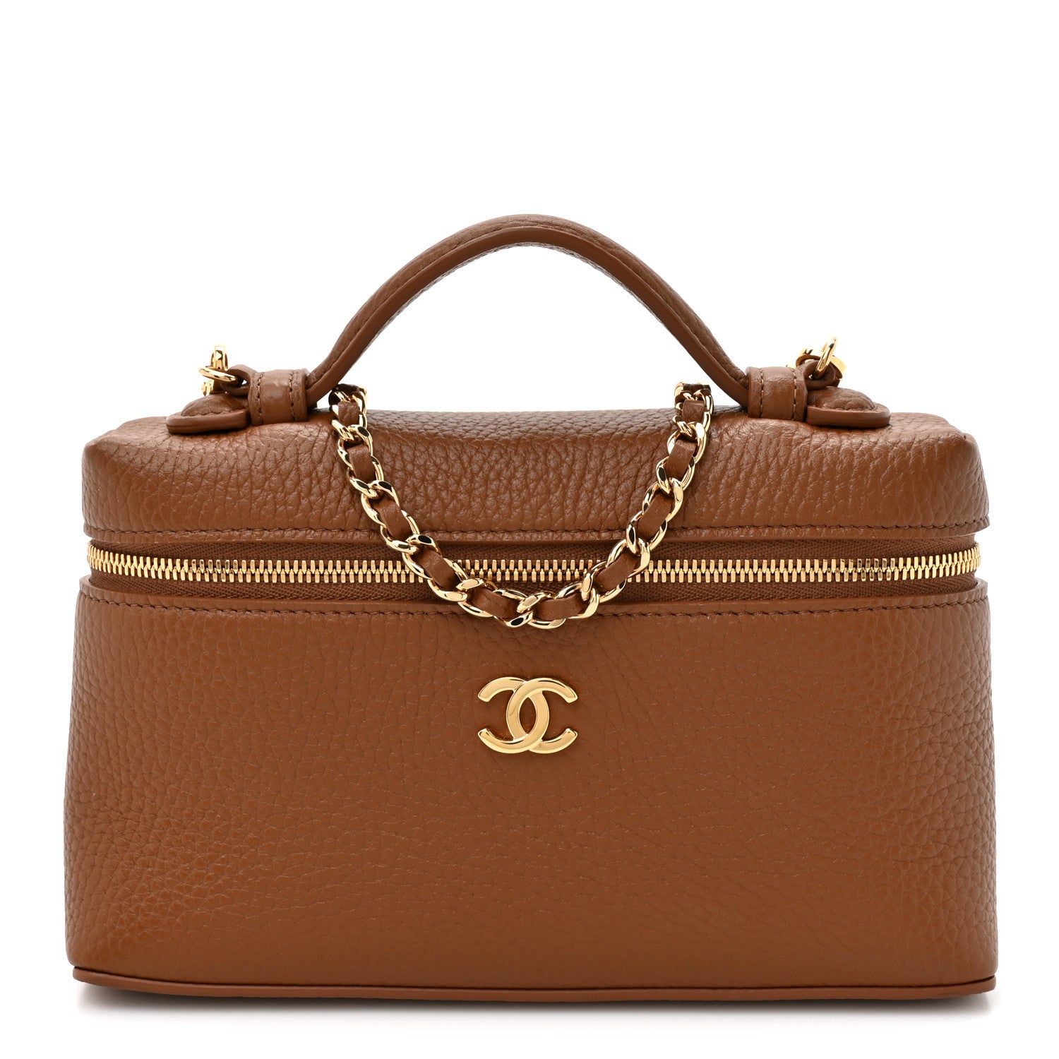 Chanel Grained Calfskin Top Handle Slim Vanity Case With Chain Camel 1 of 10