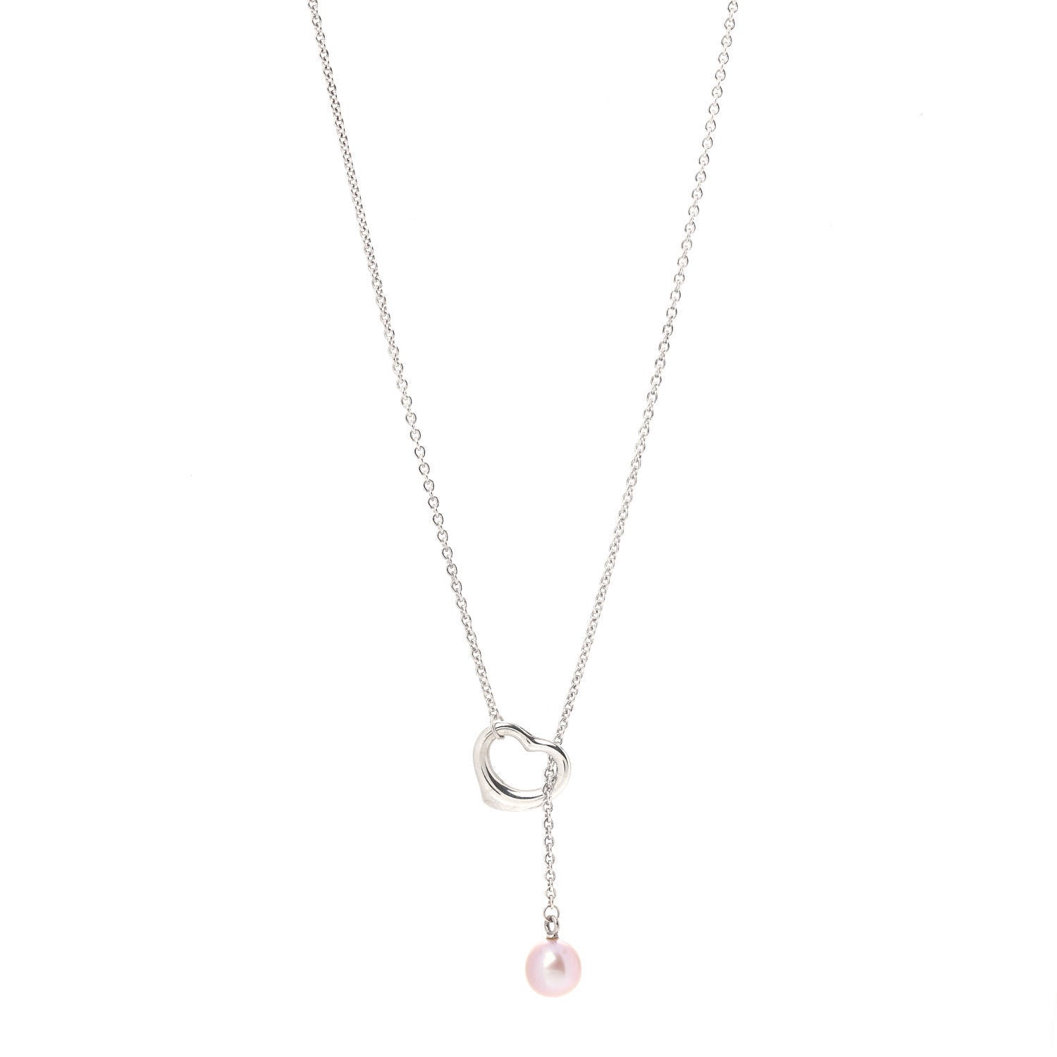 Tiffany Sterling Silver Pink Pearl 9-9.5mm Elsa Peretti Open Heart Lariat Necklace 1 of 7