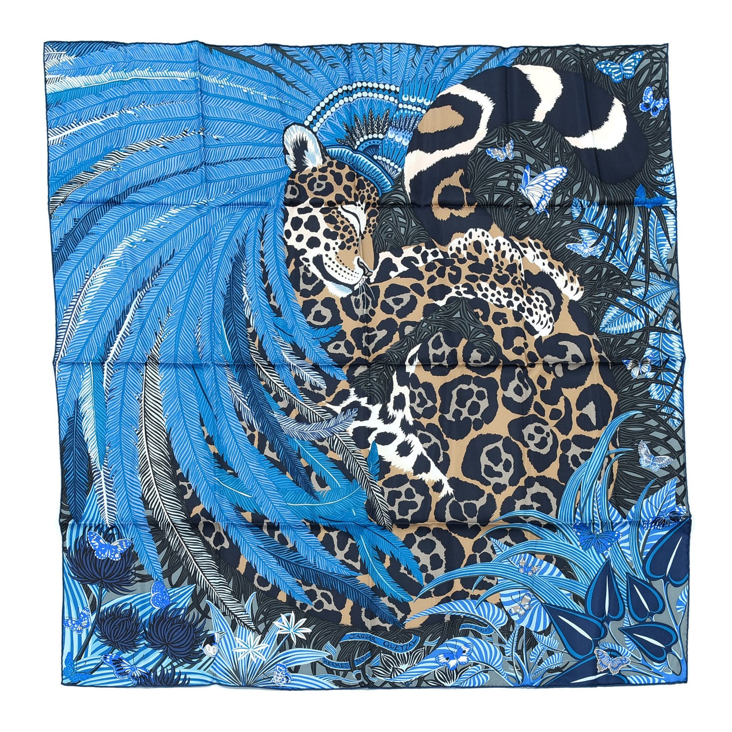 Silk Jaguar Quetzal Scarf 90 Bleu Jean Camel Marine
