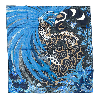 Hermes Silk Jaguar Quetzal Scarf 90 Bleu Jean Camel Marine 1 of 4