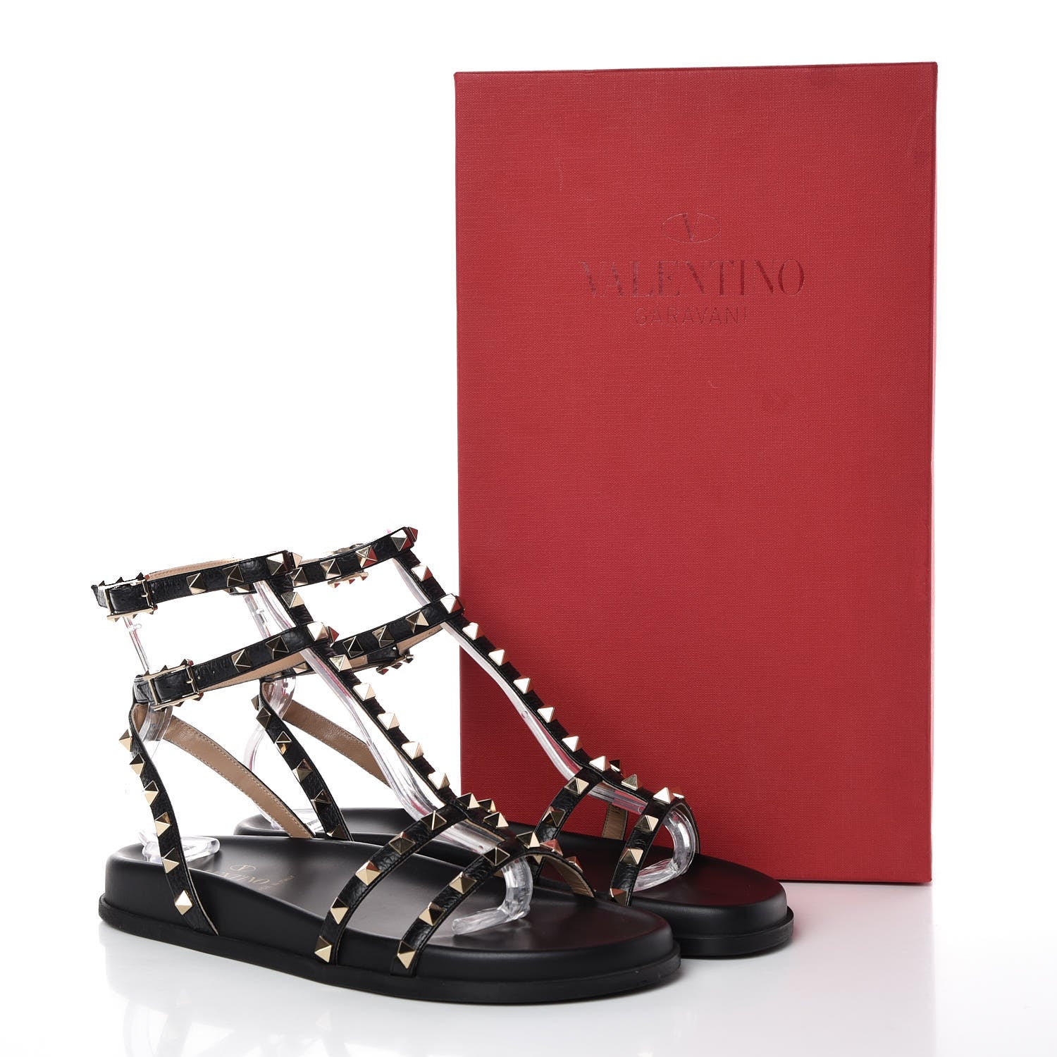 Valentino Garavani Calfskin Bedrock Rockstud Ankle Flat Sandals 38.5 Black 8 of 8
