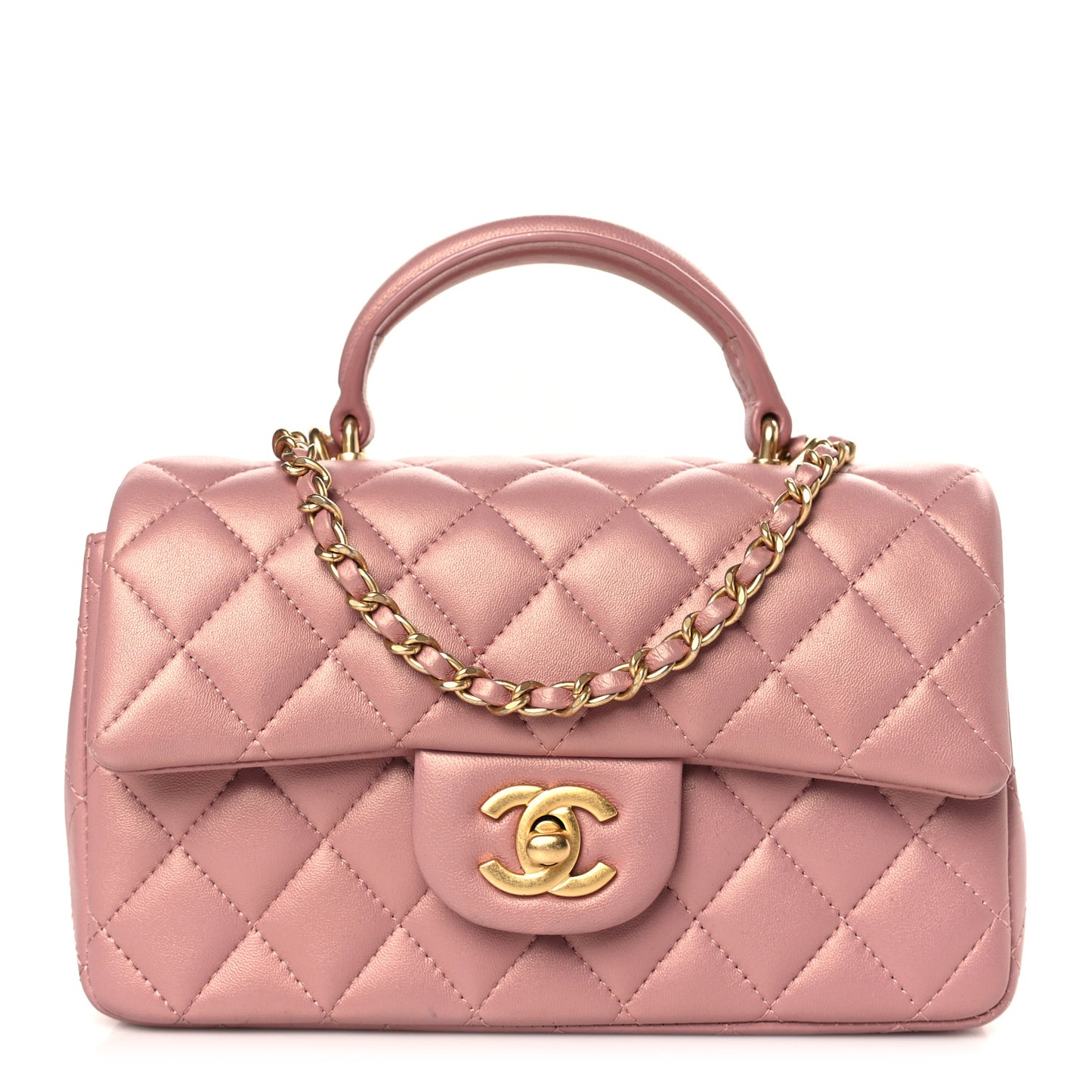 Iridescent Lambskin Quilted Mini Top Handle Rectangular Flap Pink
