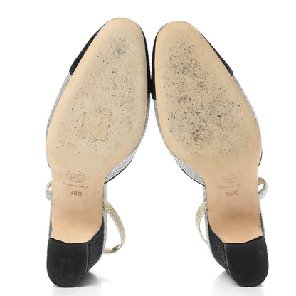 Chanel Glitter Grosgrain Cap Toe CC Slingback Pumps 36 Silver Black 5 of 9