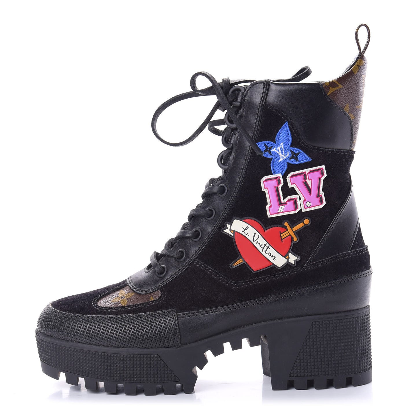 Suede Calfskin Monogram LV Black Heart Laureate Platform Desert Boots 36 Black