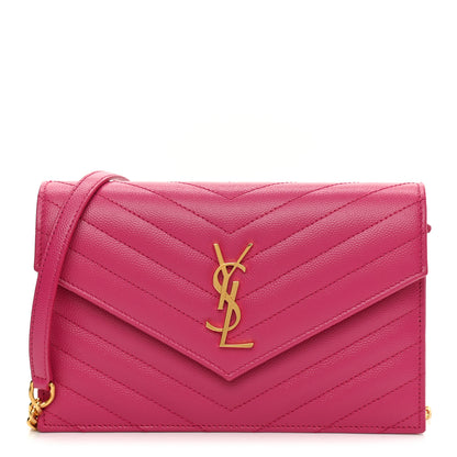 Saint Laurent Grain De Poudre Matelasse Chevron Monogram Envelope Chain Wallet Fresh Fuchsia 1 of 10