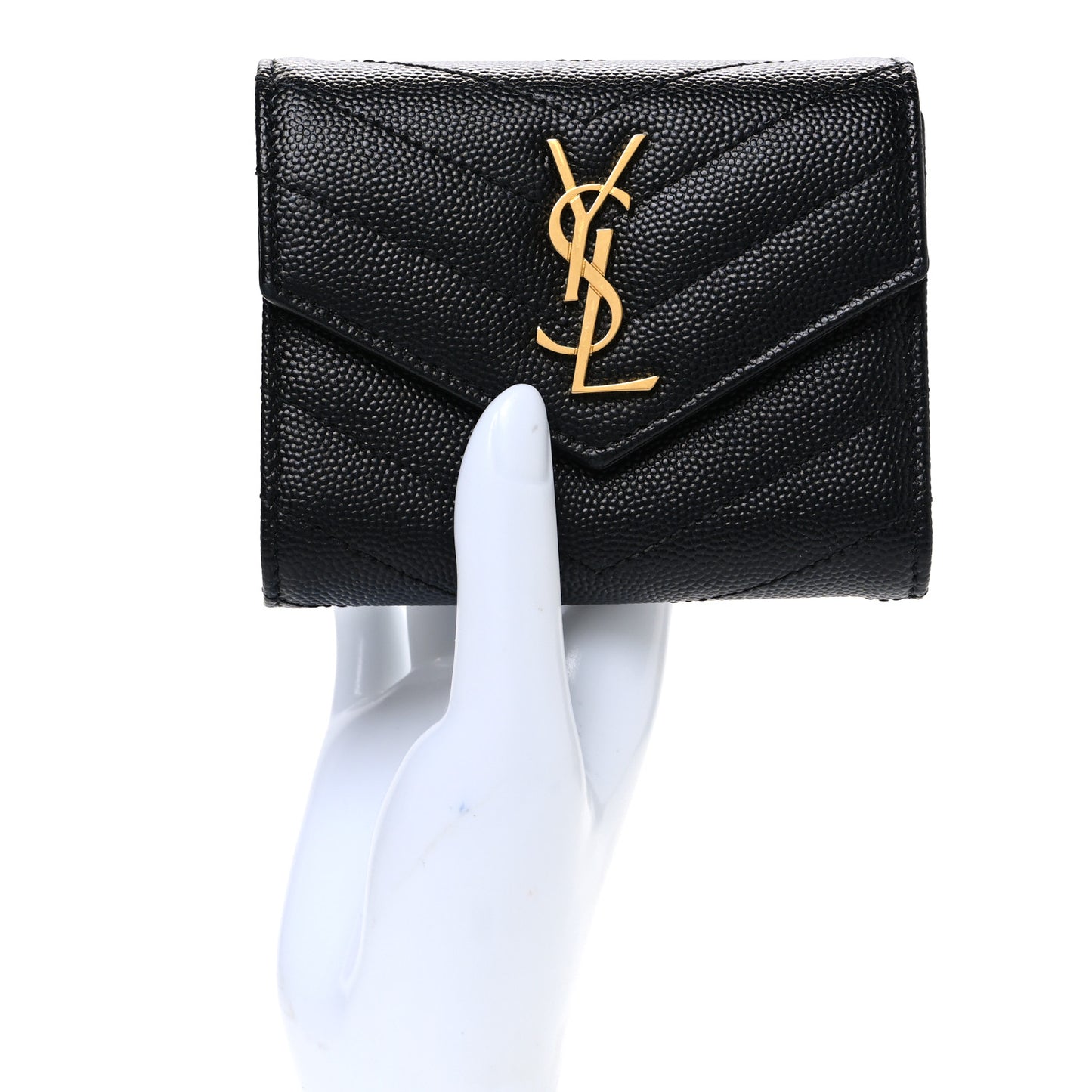 Grain De Poudre Matelasse Chevron Monogram Compact Tri Fold Wallet Black