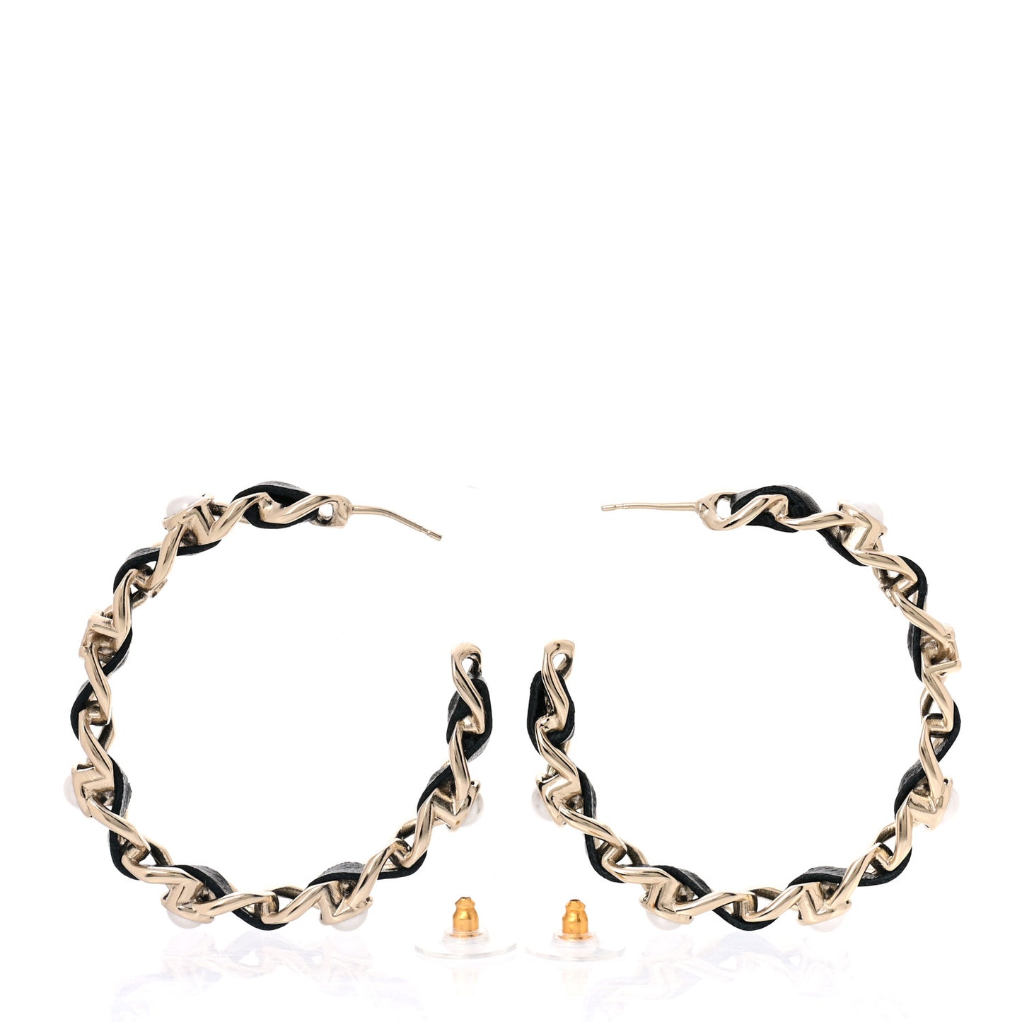 Lambskin Pearl More Is More CC Chain Hoop Earrings Gold Black