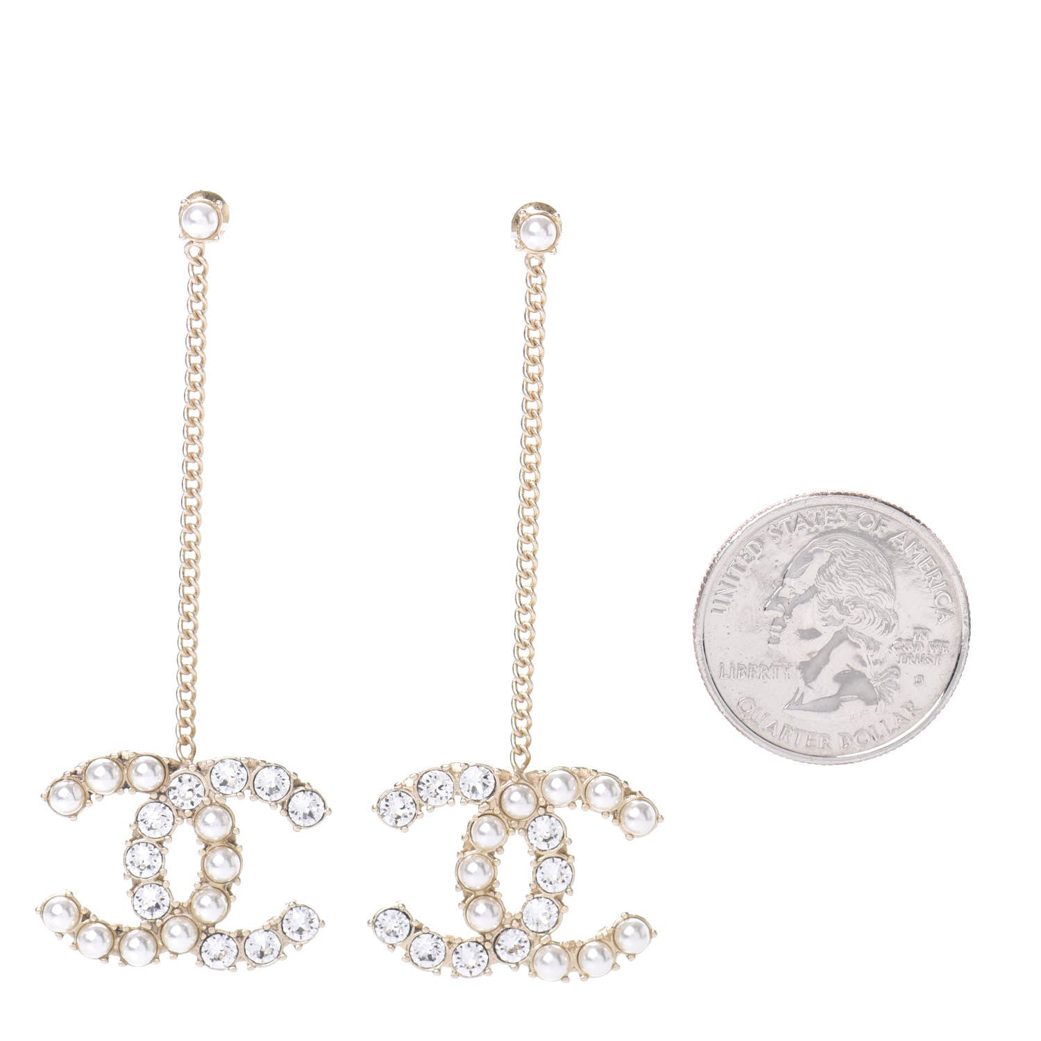 Chanel Crystal Pearl Dazzling Domino Drop Earrings Matte Gold 2 of 4