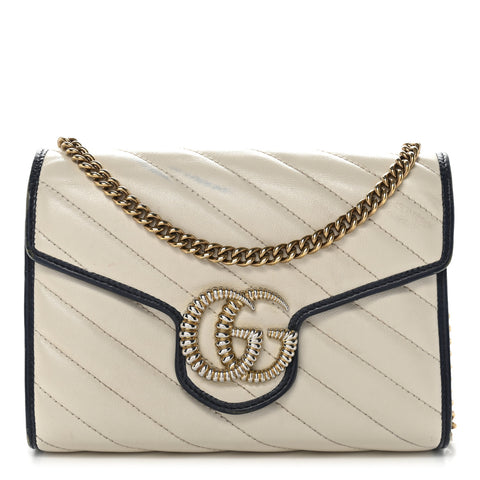 Vintage Effect Calfskin Matelasse Diagonal Torchon GG Marmont Chain Wallet Mystic White Blue Agata