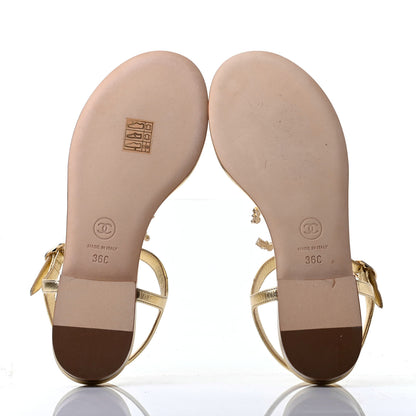 Chanel Laminated Lambskin Pearl CC Thong Sandals 36 Gold 6 of 10
